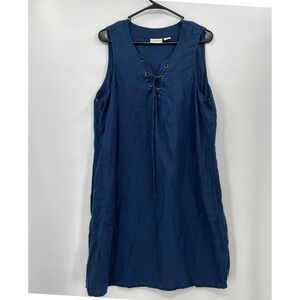 Adrienne Vittadini Navy Blue 100% Linen Lace Up Sleeveless Shift Dress‎ Plus 1X
